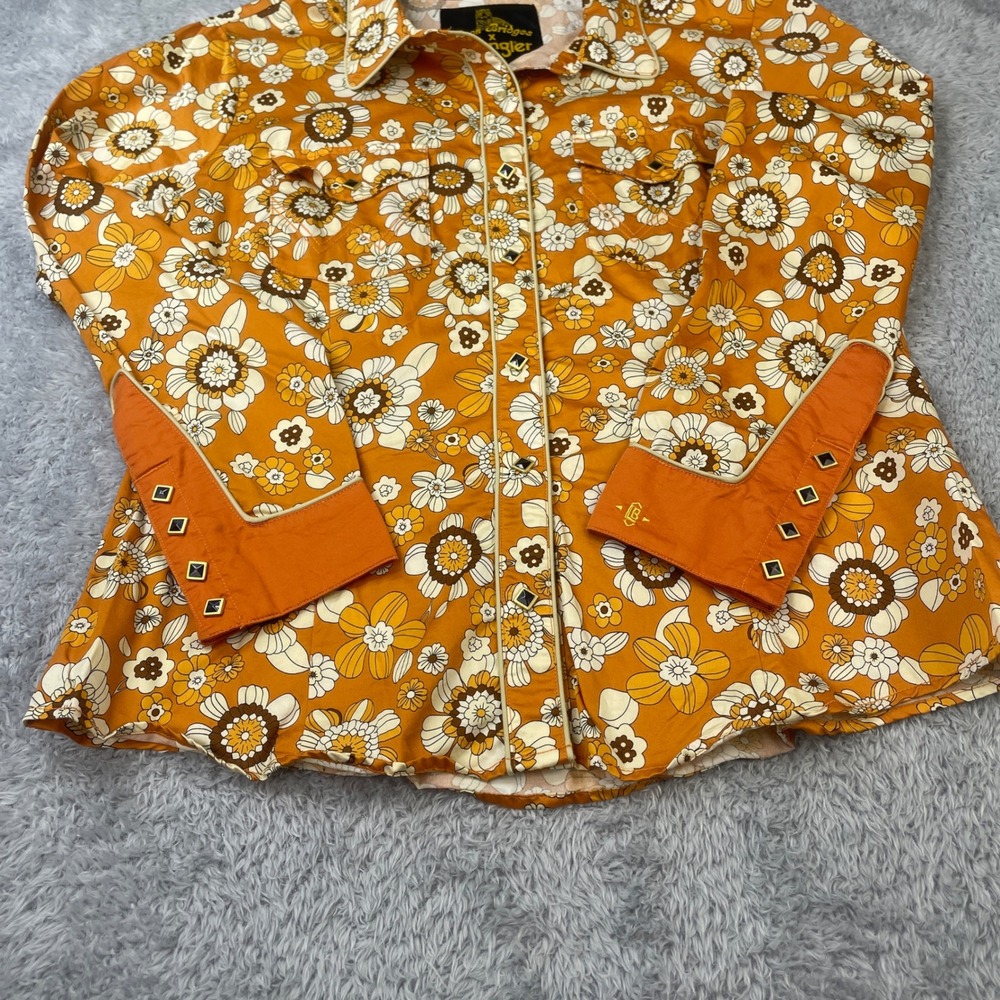 Wrangler x Leon Bridges Western Snap Shirt Women XL Orange Floral Retro 70s - Picture 3 of 10